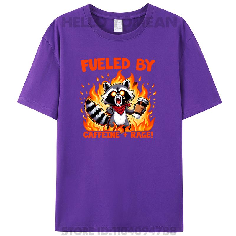 Alimenté par la rage de la caféine Drôle Raton laveur Vintage Femmes Hommes T-shirt 100% Coton T-shirts Hauts Mode Nouveauté Cadeaux