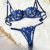 Ropa Interior Sexy de Tirantes con Liguero Bragas Conjunto de Sujetador Bordado Encaje Fruncido Tentación Uniforme Tres Puntos Mujer