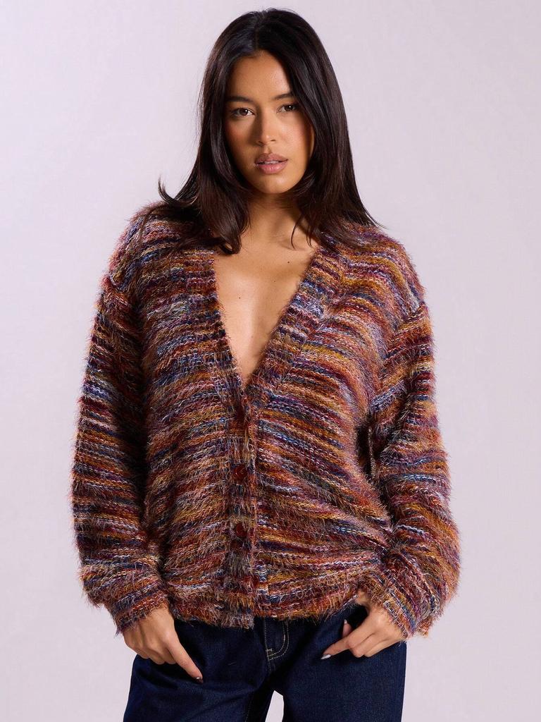 Women's Colorful Striped V-Neck Open Front Knit Cardigan