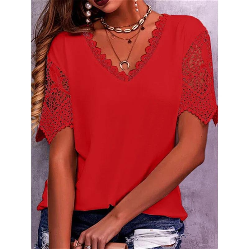 Spring Summer Women Shirts Elegant Hollow Out Lace Short Sleeve V-neck  Casual Chic Oversized Blouses Solid Color Streetwear Top