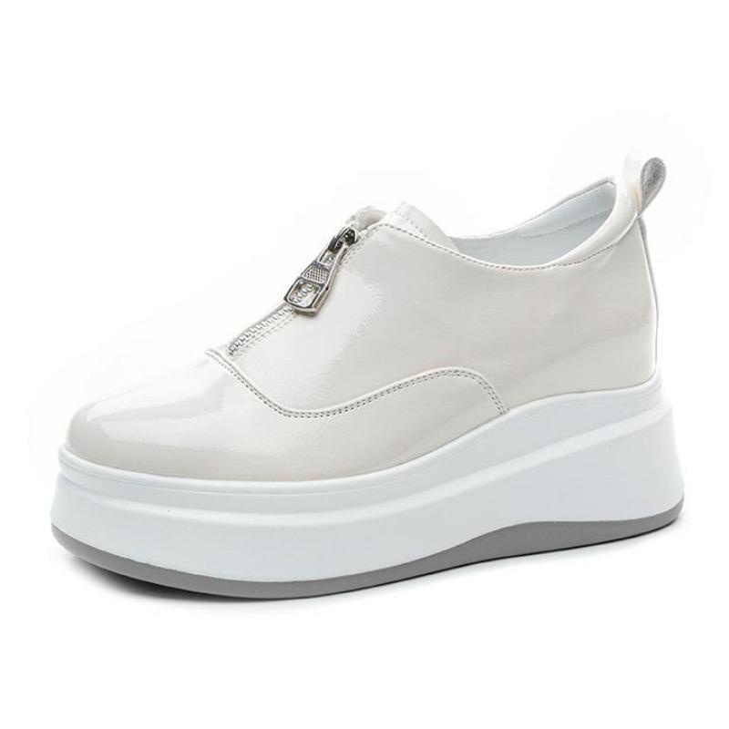 

Мода 7,5 см Женские повседневные кроссовки Лакированная кожа Обувь на платформе Женские клиновидные спортивные Модные черные массивные На молнии спереди Вулканизированная обувь 39 бежевый