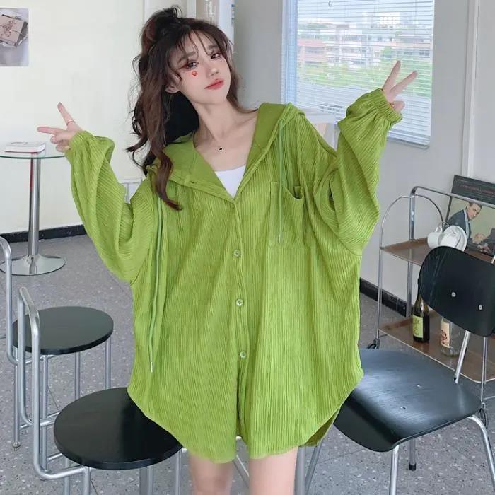 

Большие размеры Белые рубашки с длинным рукавом и защитой от ультрафиолета Женские летние свободные кардиганы с капюшоном XXXXL зелёный