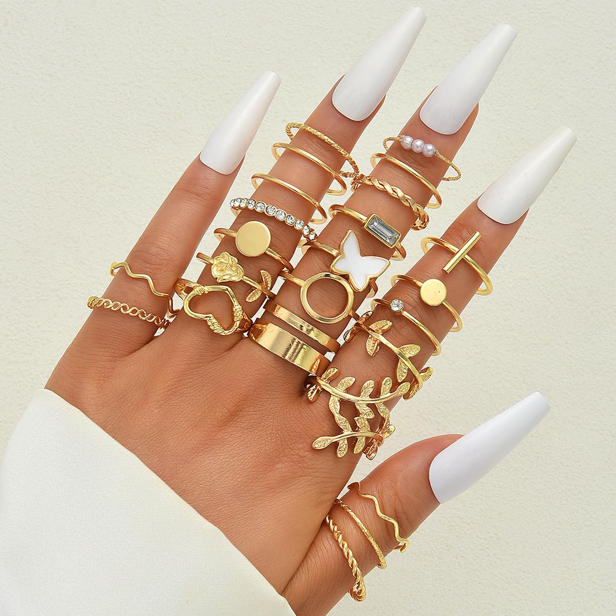 

Fashion Minimalist Vintage Elegant Heart Butterfly Faux Pearl Rhinestone Geometric Wave Infinity Metal Rings Set Party Jewelry