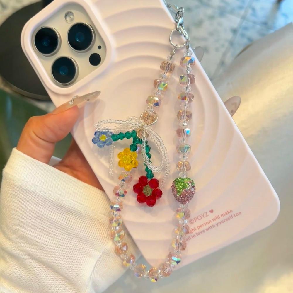 Crystal Flower Chain Luxury Beaded Portable Chain Wrist Short Lanyard Mobile Phone Case Car Keychain Bag Pendant