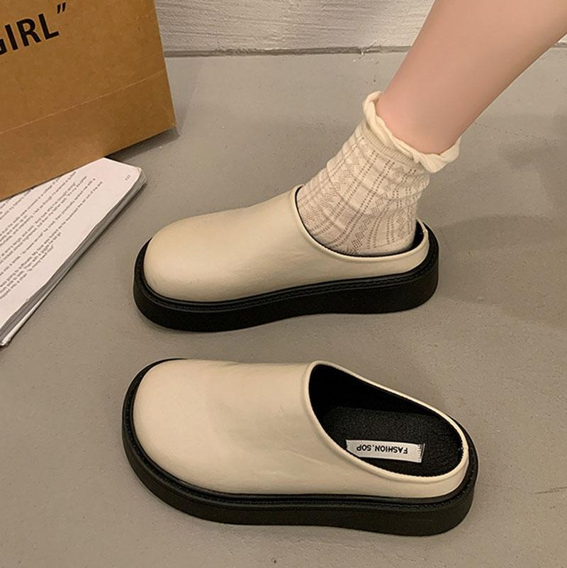 Comemore Baotou Thick Bottom Temperament Half Slippers for Women Autumn New Patent Leather Black Mules Flat Black Slides Loafers