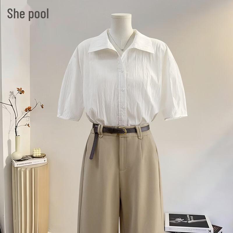 Women s Cropped Pleated Puff Sleeve Lapel Blouse S