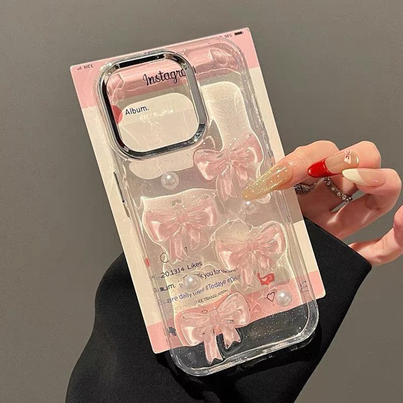 Pearl Pink Bow Glitter Phone Case for IPhone 17 Promax Transparent for Apple 16 Plus Anti Drop