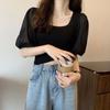 French Square Neck Bubble Short Sleeved Knitted Sweater for Women's Summer Korean Version Slim Fit and Slimming Short Top