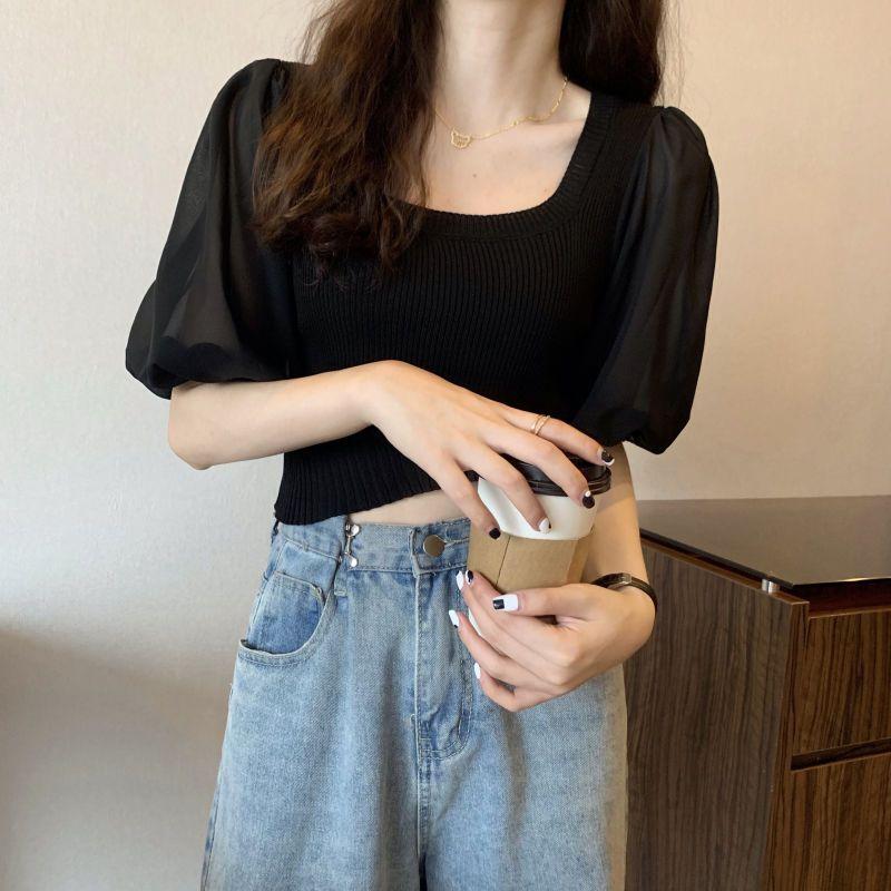 French Square Neck Bubble Short Sleeved Knitted Sweater for Women's Summer Korean Version Slim Fit and Slimming Short Top