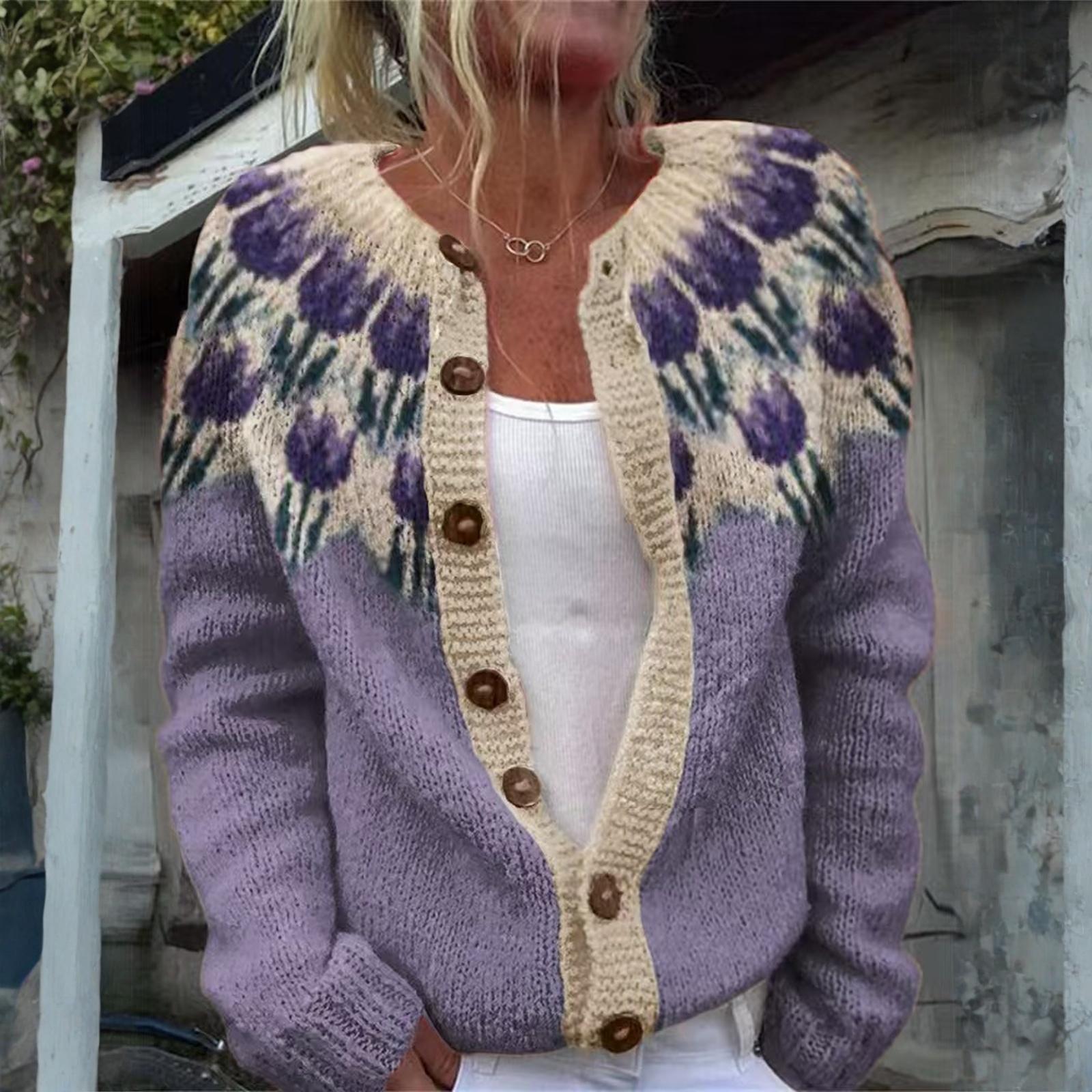 

Кардиганы в стиле Fair Isle для женщин, с круглым вырезом, свободного кроя, на пуговицах, объемный свитер, с открытой передней частью, повседневная вязаная куртка на осень S фиолетовый