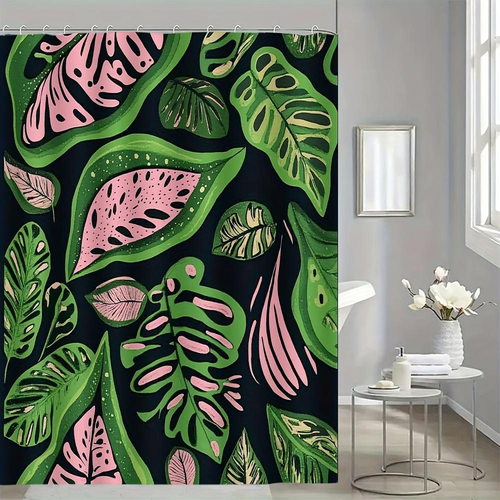 Monstera Leaf Shower Curtain 1Pc – Green Pink Tropical Leaves On Dark Background For Modern Bathroom Decor