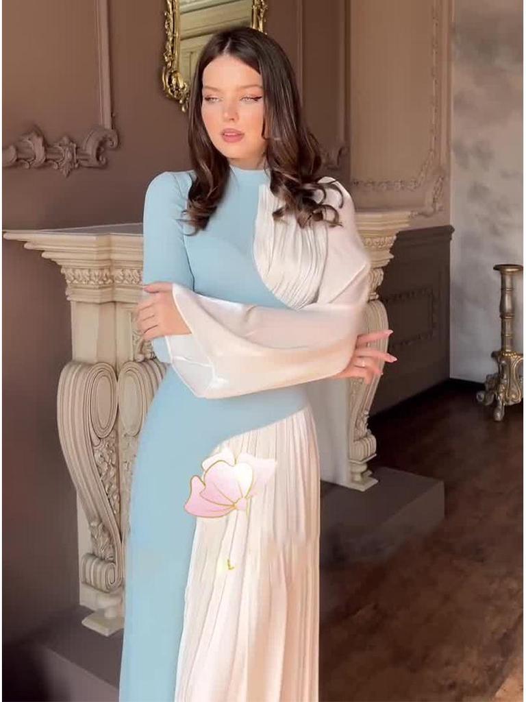 Women's Retro Slimming Evening Dress - Color Block, Round Neck, Long Sleeve, High Waist