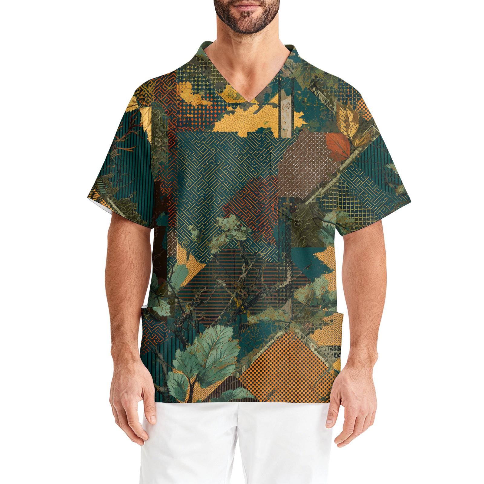 Мужская рабочая блузка с принтом коротким рукавом V-образным вырезом нагрудным карманом топ для ухода XL оранжевый 1580₽