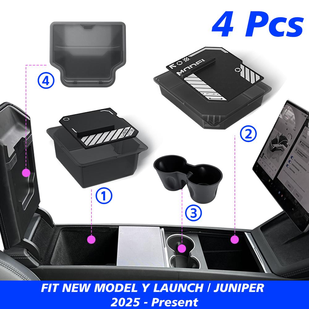 TEKSY 1/2/3/4/6/7/8pcs For Tesla New Model Y 2025 2026 Juniper ABS with Silicone Non-slip Mat Console & Armrest Storage Box