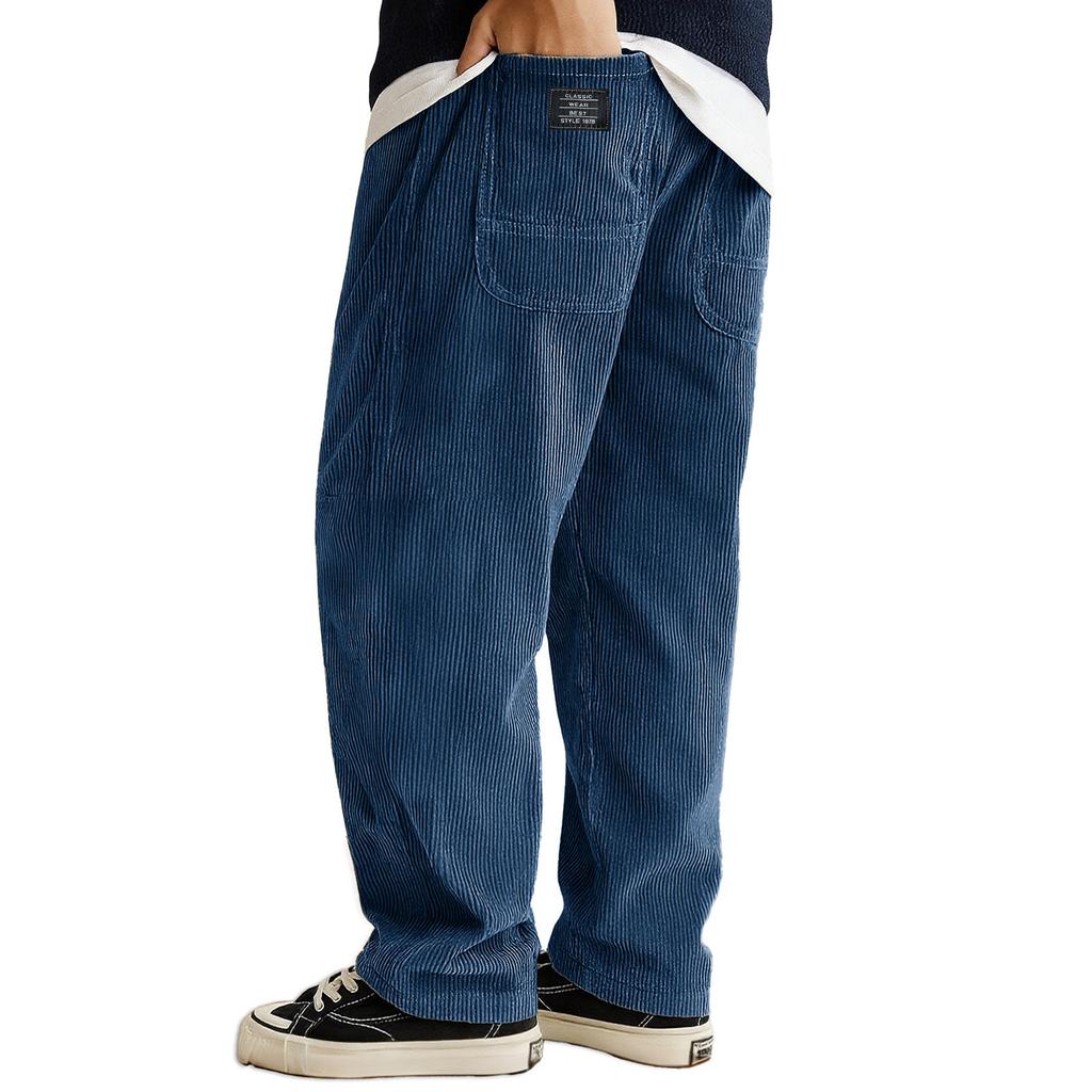 Mens Corduroy Loose Fit Trousers Straight Leg Casual Pants With Patch Pockets And Elastic Waistband For Daily Wear
