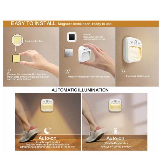 LED Night Light with Motion Sensor Angle Wide Sensing Angle Soft Glow Auto On/Off Rechargeable USB Night Light with 3 Modes