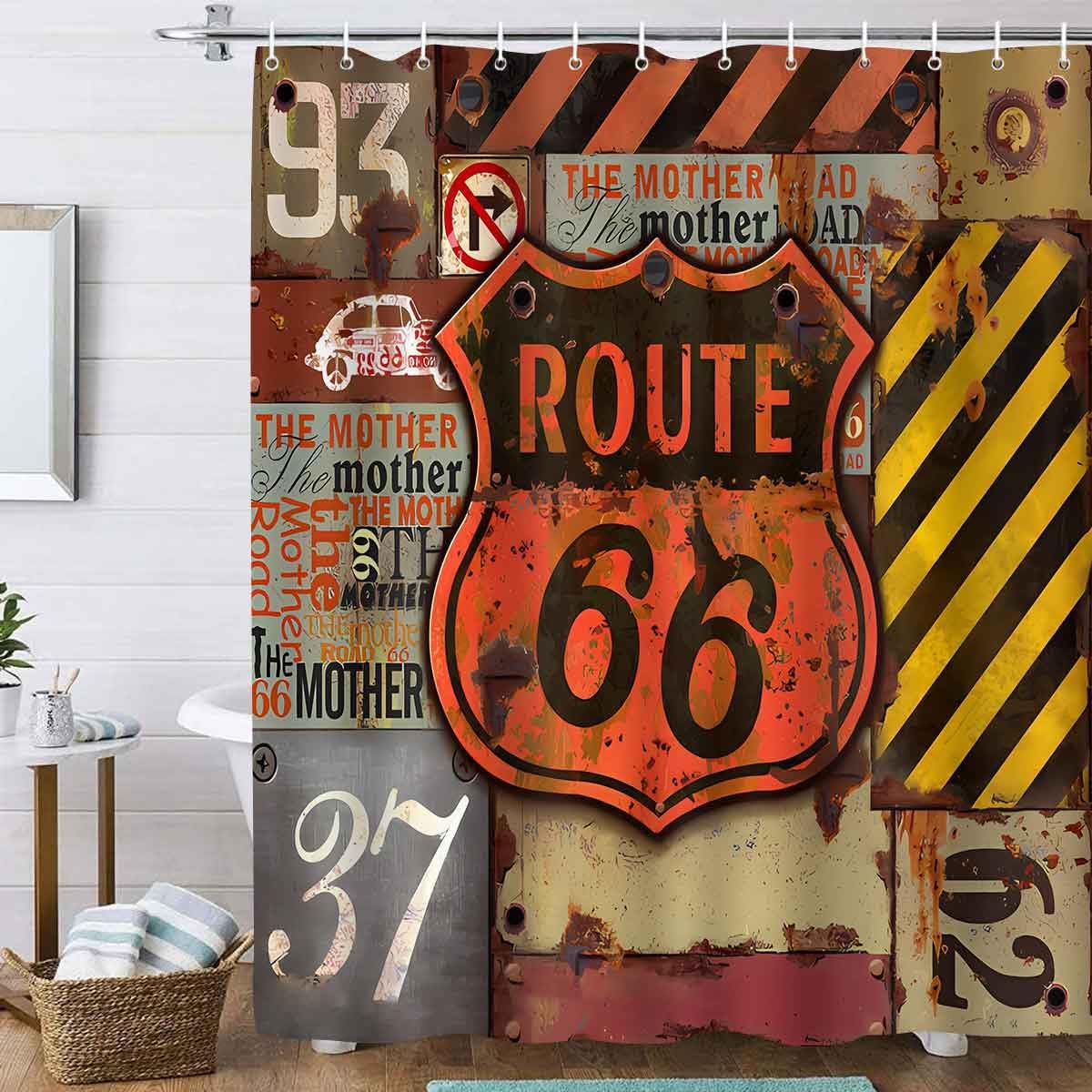 

American road sign highway shower curtain for bathroom decorative shower curtain, retro with 12 hooks 180x180cm W90xH180cm