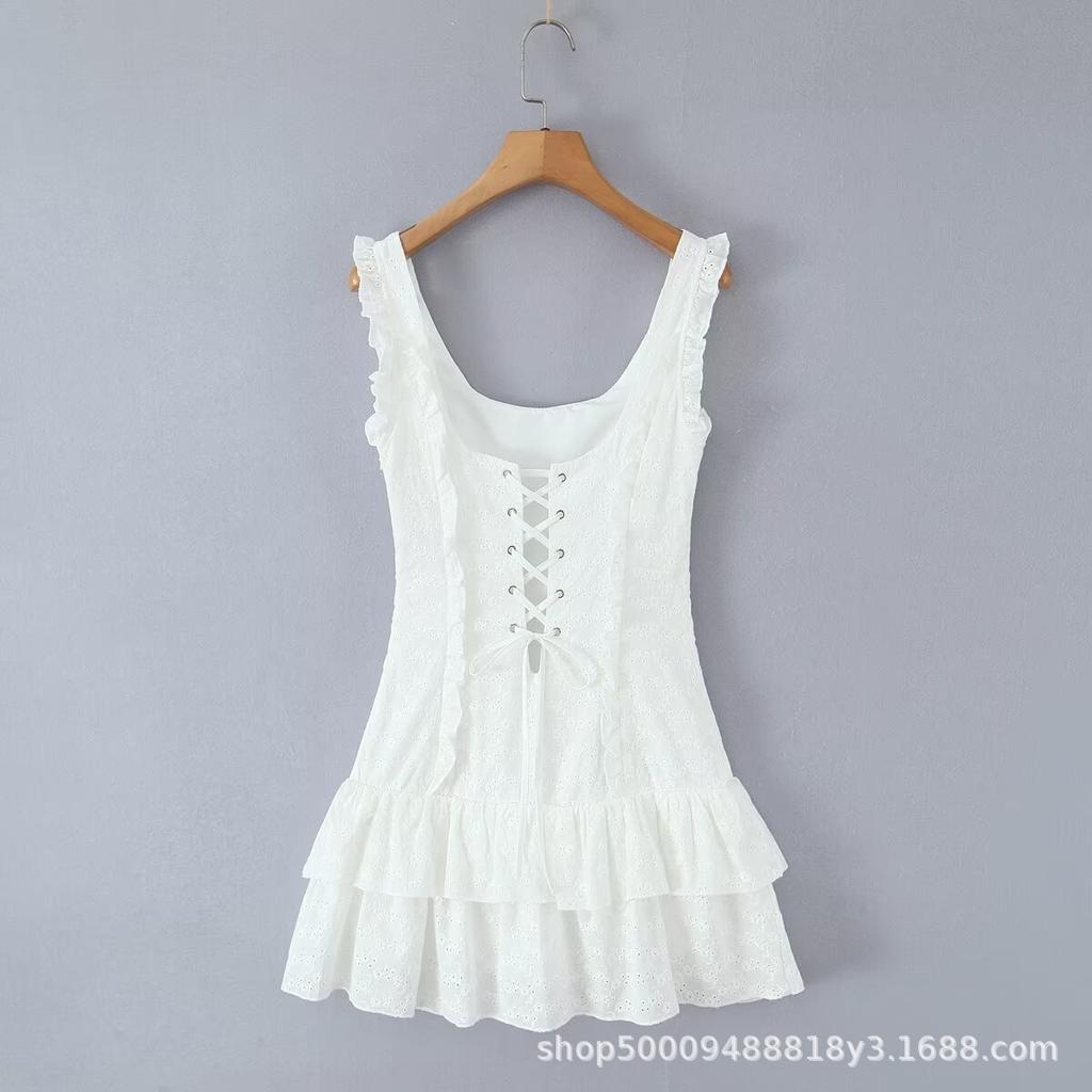 French Niche Sweet Lotus Leaf Edge Waist Thin Embroidery Sleeveless Mini Dress Women's Summer Pure Desire Suspender Short Skirt