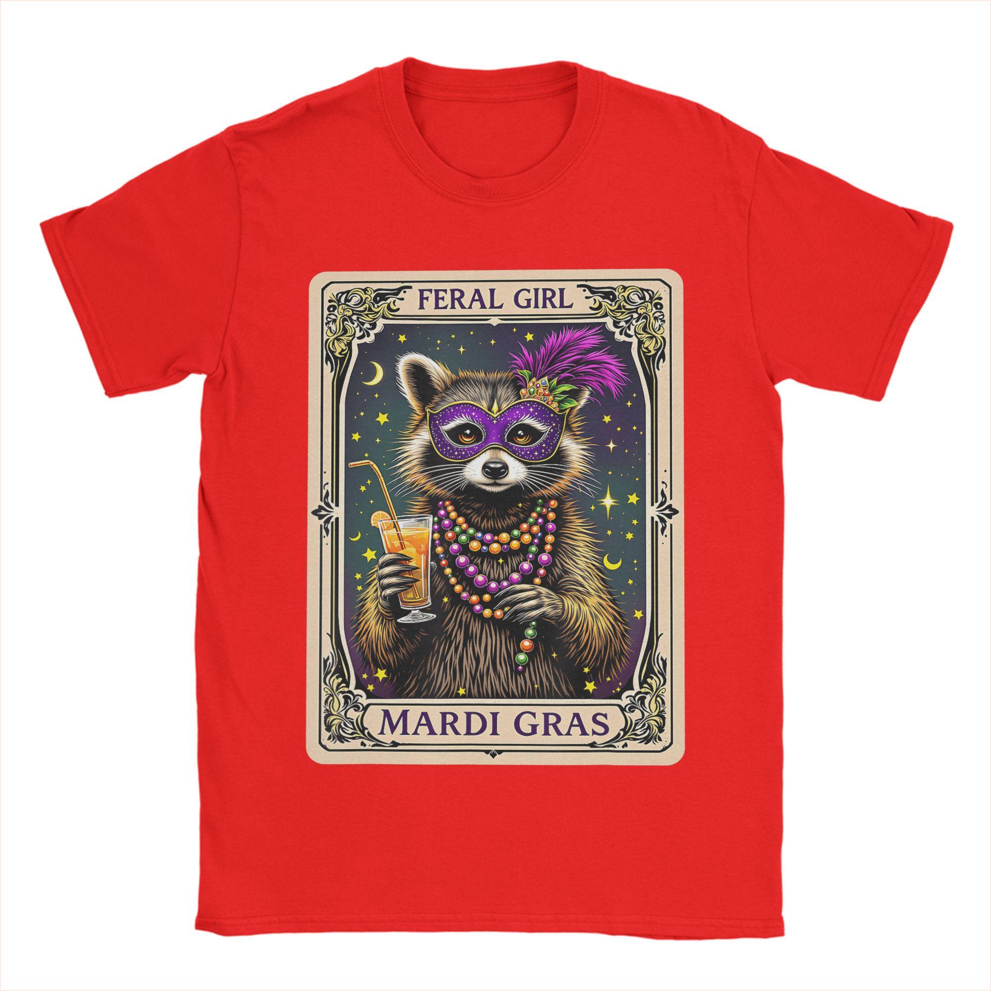 

Unisex TShirts Feral Girl Mardi Gras Carnival Colorful Raccoon Unique Cotton Tees Short Sleeve T Shirt Round Collar Clothing S