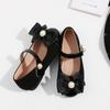 2024 Autumn Girls Shoes Sweet Pearl Princess Casual Leather Shoes Shallow Mary Janes Soft Black Bow Kids Shoes Dress Party Flats
