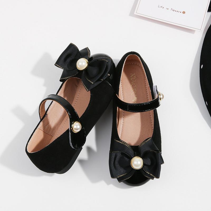 2024 Autumn Girls Shoes Sweet Pearl Princess Casual Leather Shoes Shallow Mary Janes Soft Black Bow Kids Shoes Dress Party Flats