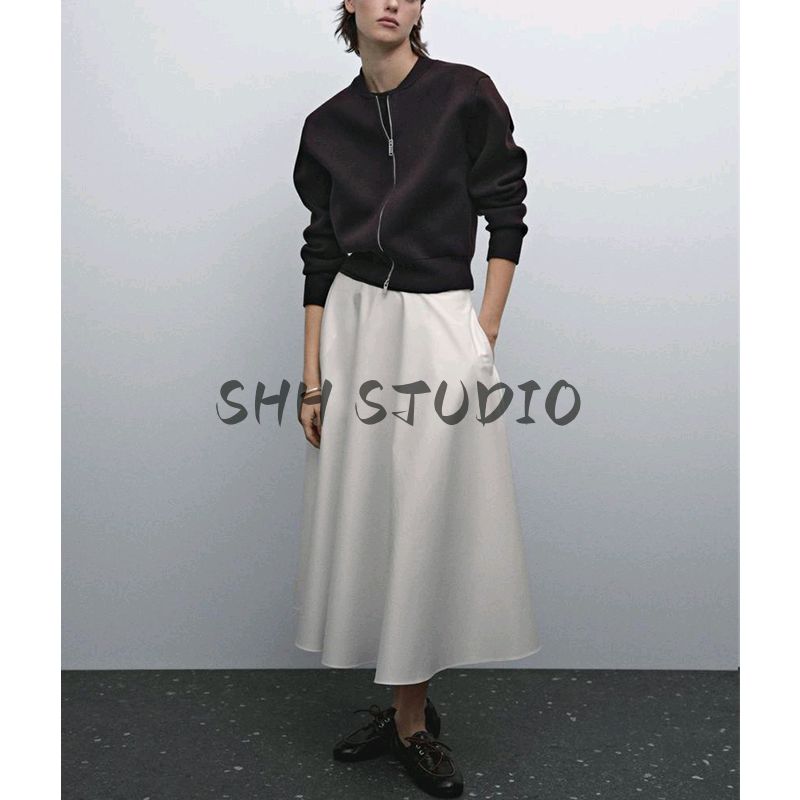 MD Spring and Summer Women's Clothing French Style All-Matching Cotton Blend Elegant Commute Style Wide Hem Midi Skirt 5286584