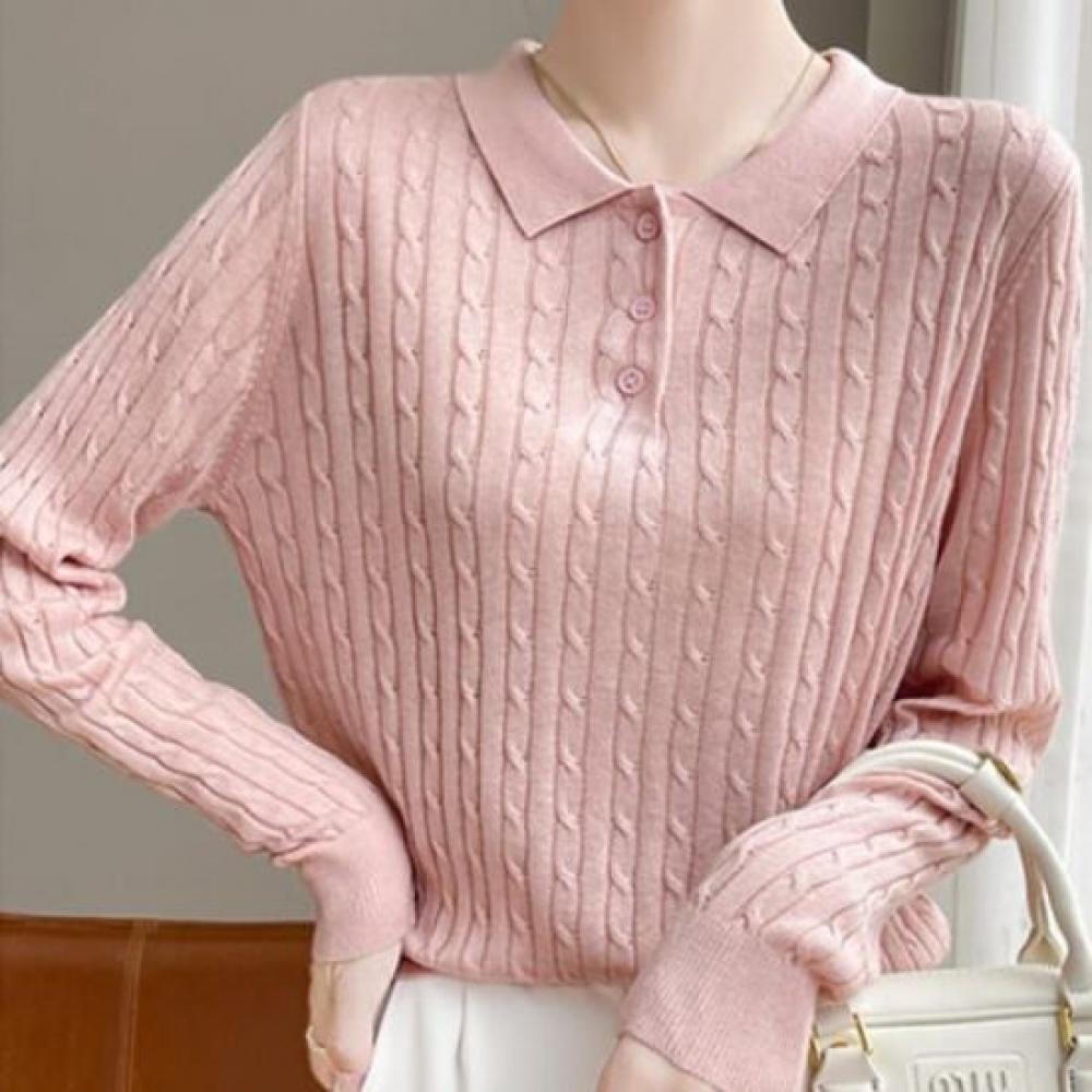 Navava Women Cable Knit Long Sleeve Collar Nk2285