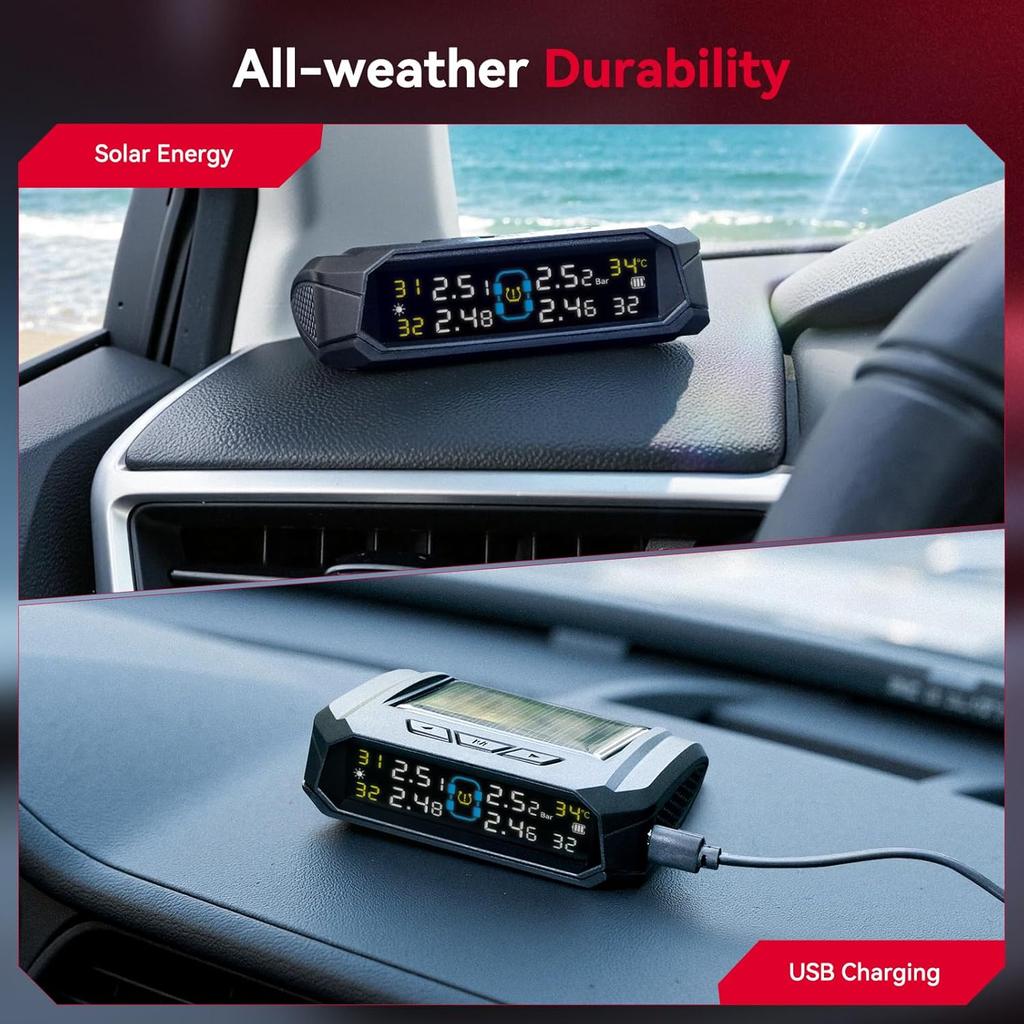 Andeman RV Tire Pressure Monitoring System, Tire Pressure Monitor With Solar And USB Charger TPMS With 4 Sensors & 6 Alarm Modes Tire Temperature