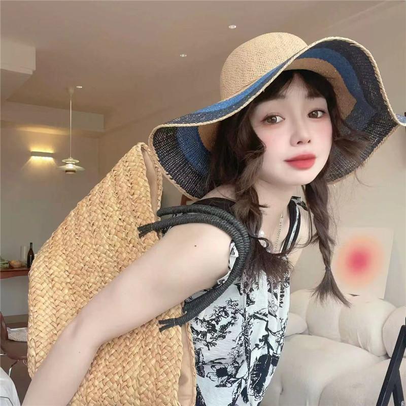 Ins Bohemia Holiday Summer Uv Protection Striped Grass Sun Protection Wide Brim Lady Sun Hat Women Leisure Cap