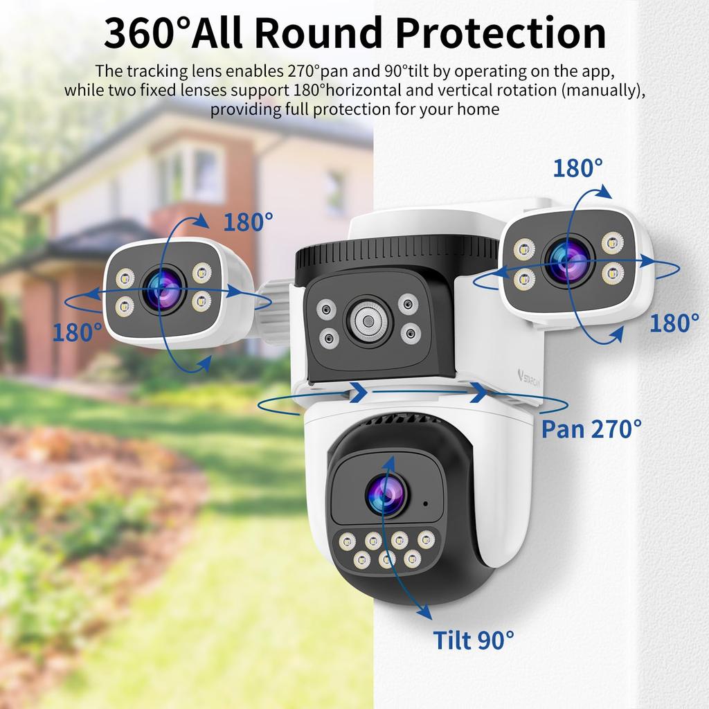 Three-Lens Security Camera Outdoor, 360° View Outside Camera, 2.4Ghz WiFi, Human Detection, Color Night Vision, Pan & Tilt, 10x Zoom,Two-Way Audio