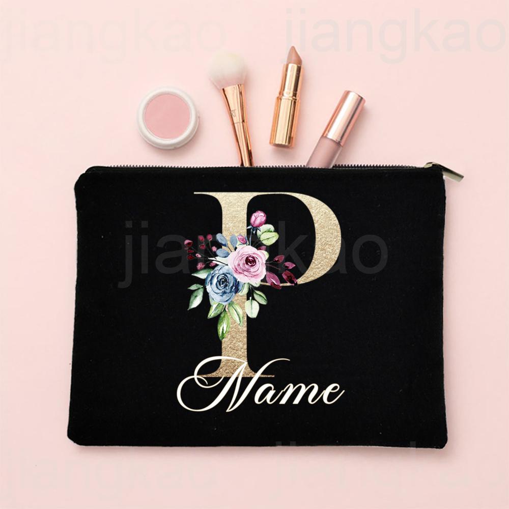 Personalised Letter with Name Makeup Bag Bridal Cosmetic Case Canvas Monogram Toiletry Bags Birthday Wedding Bridesmaid Gifts