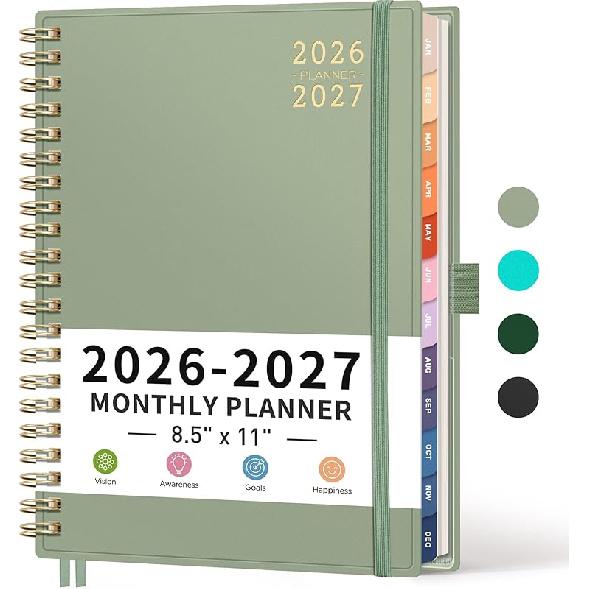 

RETTACY 2026-2027 Monthly Planner, Jan 2026 - Dec 2027, Large Size (8.5 x 11 ), Agenda, Calendar, 24 Month Tabs, Flexible Plastic Cover, 100 GSM светло-зеленый
