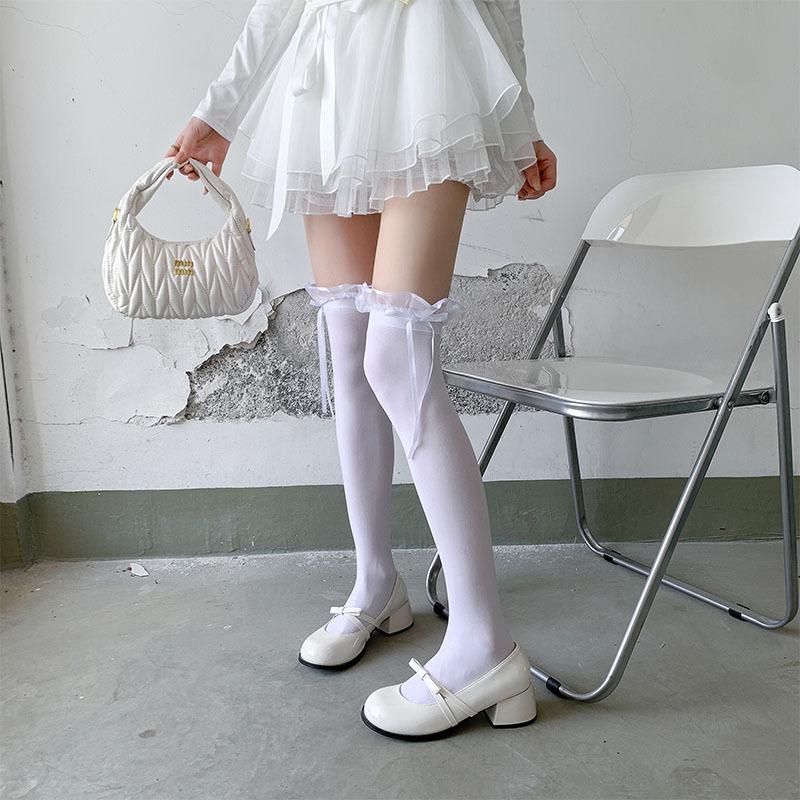 Japonský JK styl Bílé podkolenky Dětské Letní Tenké Mírně Průhledné Vysoké Čistá touha Styl Mašle Krajka Stehenní Ponožky