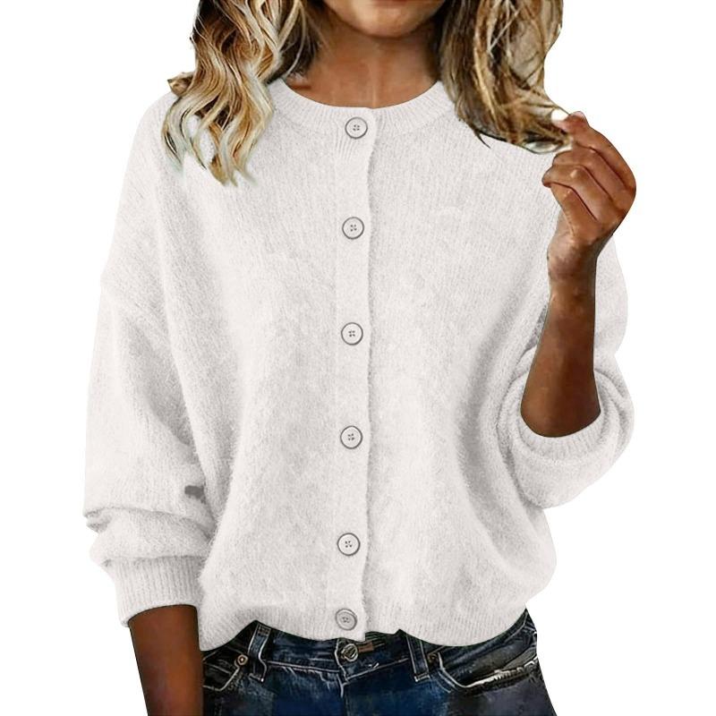 Autumn and Winter Women's Knitted Round Neck Long Sleeved Solid Color Casual Fashion Knitted Cardigan
