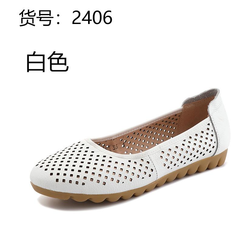 Fashion GKTINOO White Genuine Leather Ladies Breathable Summer Shoes Women Flats Slip-On Loafers Round Toe Soft Flat Shoes Casual