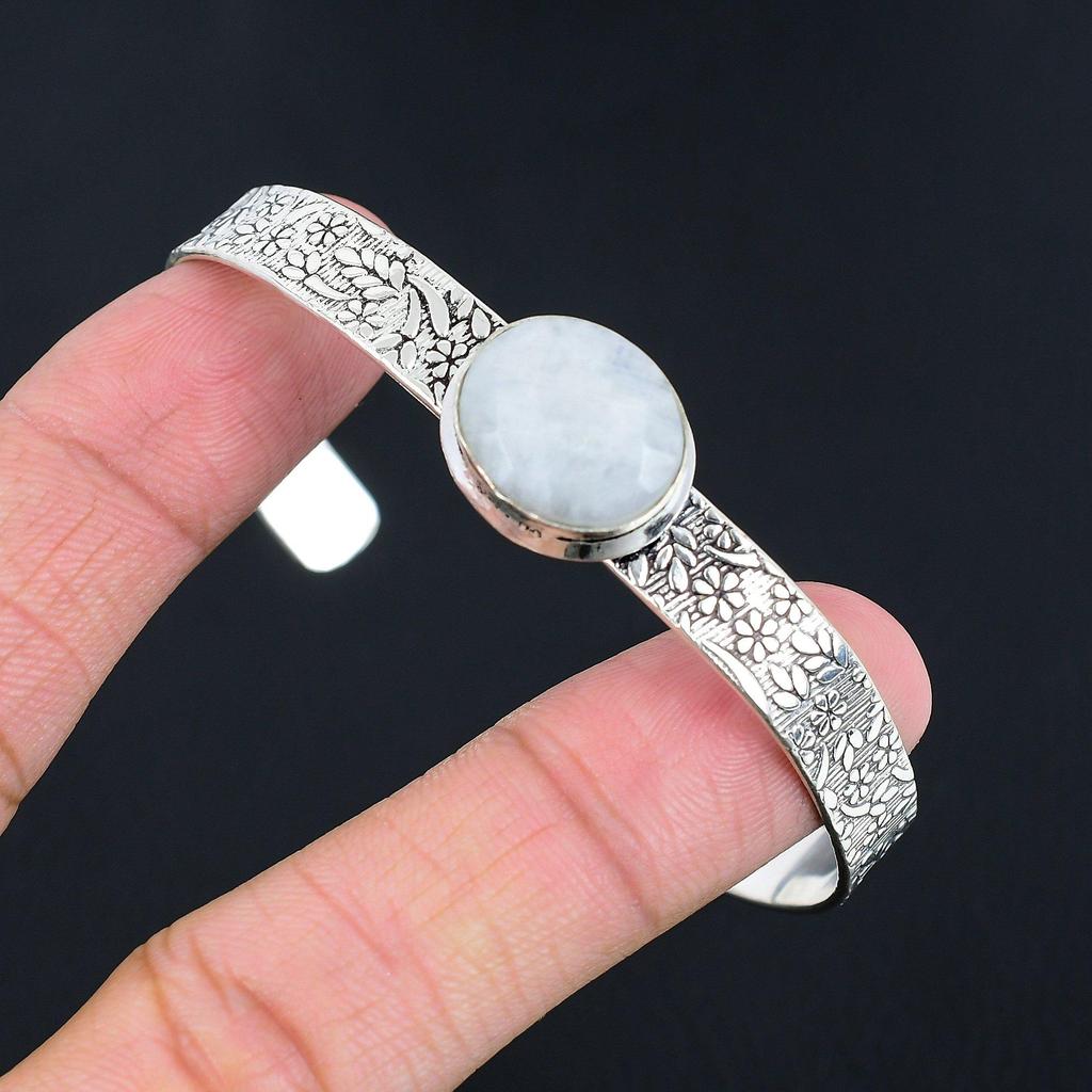 925 Silver Oval Natural Rainbow Moonstone Handmade Birthday Boho Bangle Bracelet