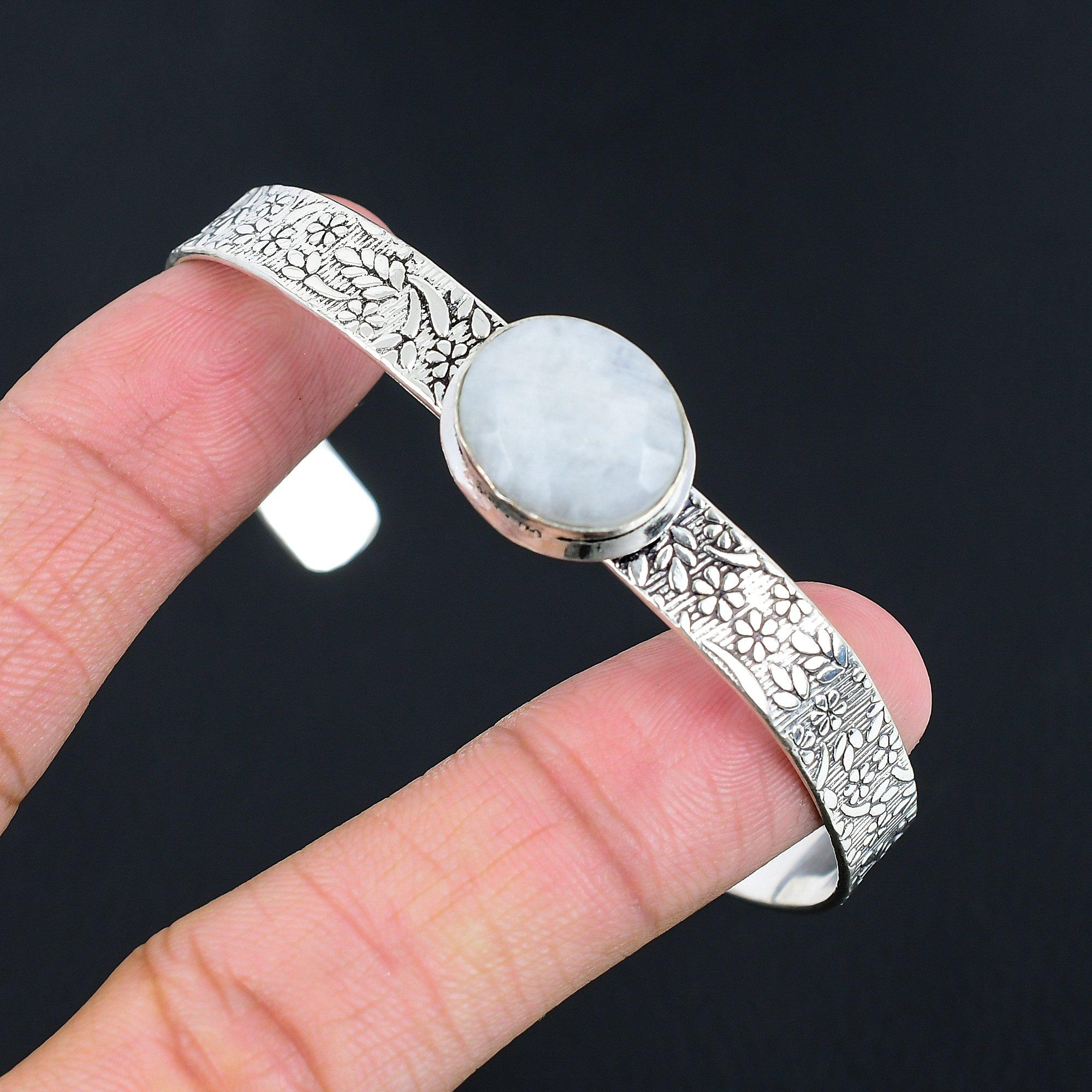

925 Silver Oval Natural Rainbow Moonstone Handmade Birthday Boho Bangle Bracelet Adjustable