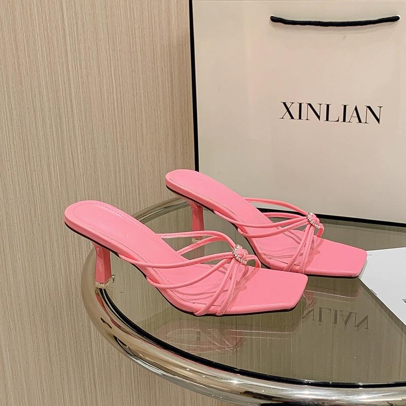 Heart-shaped Crystal Sandals with Sugar Pink Sandals Summer New Popular Socialite Square Toe Open-heeled Stiletto Strap Heels