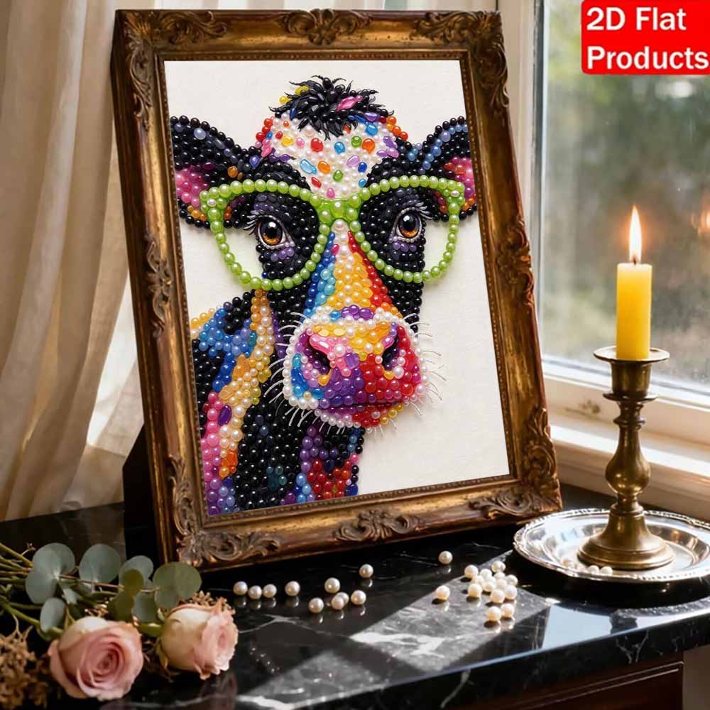 Colorful Cow with Glasses Pearl Painting Kit with Frame Sparkling Bead Canvas Creative Leisure Craft for Wall Decor and Home Gift