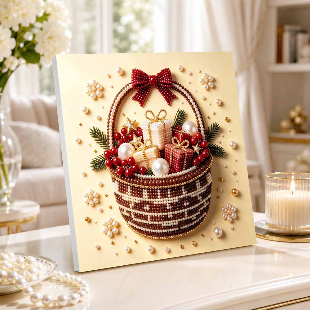 Pearl painting Christmas art kit DIY basket with gift boxes and red berries home decor painting