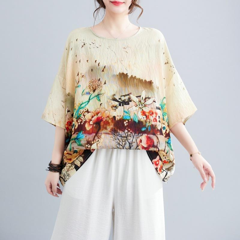 

Летняя блузка в этническом стиле из конопли и хлопка, рукав летучая мышь, свободная, оверсайз, футболка с круглым вырезом, повседневная, удобная для женщин one size абрикосовый