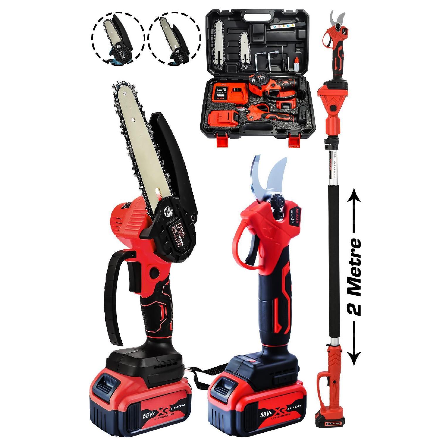 

Супер-набор из 2 двойных аккумуляторных ножниц для виноградников с телескопической рукояткой и обрезной пилы красного цвета