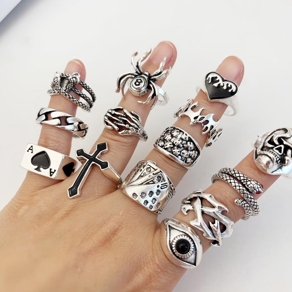 20Pieces Vintage Punk Rings Set For Women Men Mix Style Hip Hop Heart Snake Skull Eye Finger Ring Jewelry Party Gift