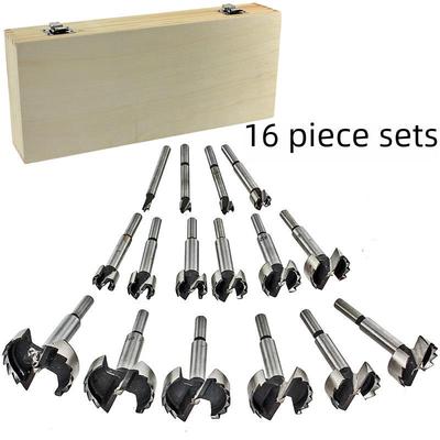 16-teiliges Holzbearbeitungsbohrer-Set: Beinhaltet Rundlochstanze, Scharnierbohrer, Mehrzahn-Flachbohrer, Reibahle & Türschlosswerkzeuge.