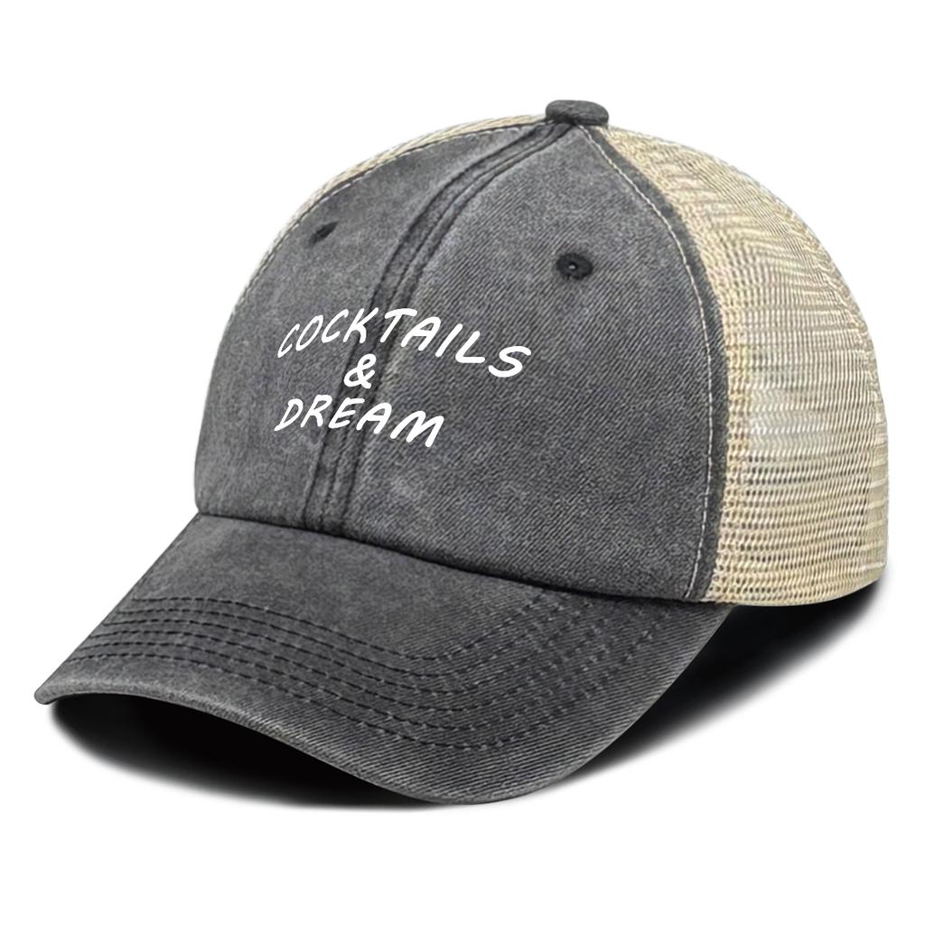 White COCKTAILS AND DREAM Printed Trucker Hat Adjustable Simple Hip Hop Trendy Dad Hat For Gifts Urban Style Travel Sports