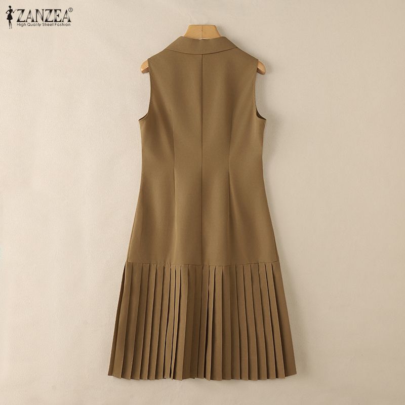 ZANZEA Women Casual Turn Down Collar Sleeveless Dress