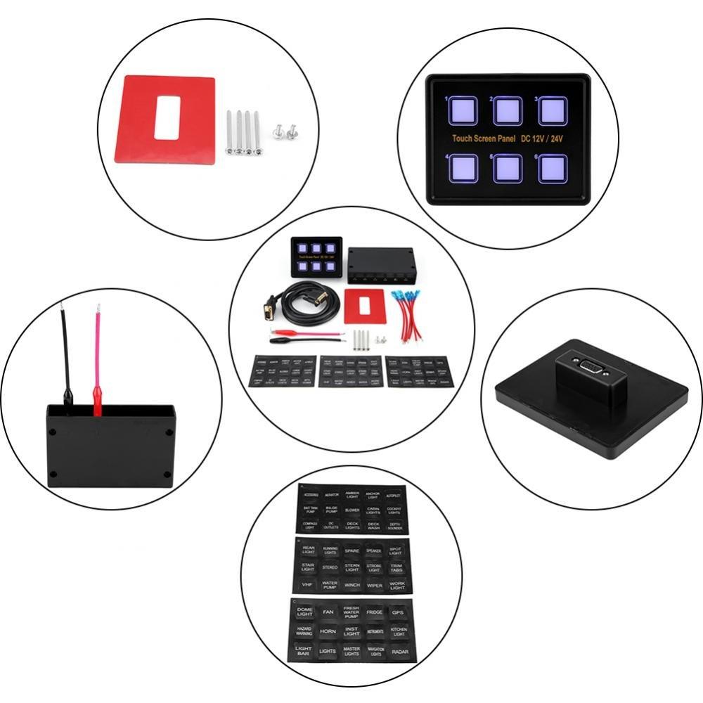 Akozon Universal 12V/24V 6-Gang Touchscreen Control Panel Box with LED Switch Panel for Cars and Boats