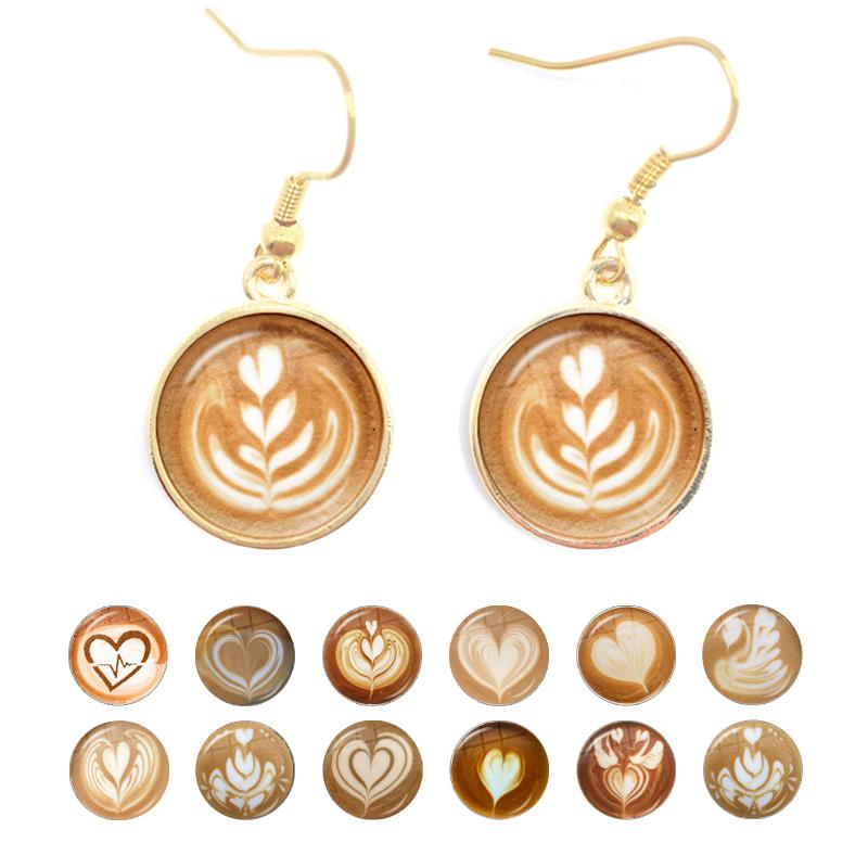 Coffee Latte Carving Love Heart Art Drop Earrings Chocolate Printing Flower Charm Jewelry For Women Gift Wholesale