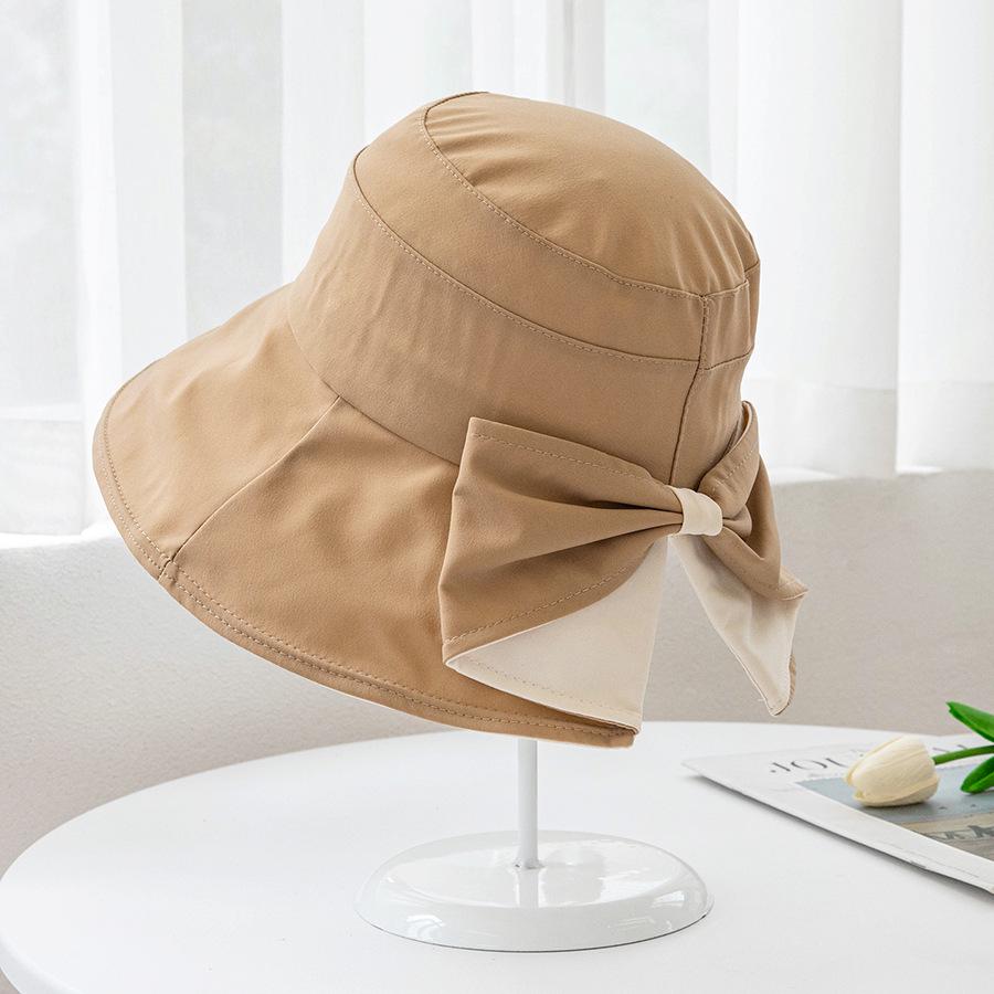 Koreanischer zweifarbiger Sonnenhut mit breiter Krempe und Schleife für Damen - Flacher Oberteil, Schlitz hinten, UV-Schutz