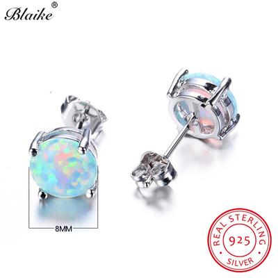 100% 925 Sterling Silver White Fire Opal Stud Earrings For Women Fine Jewelry 8MM Round Stone Studs Birthstone Earrings